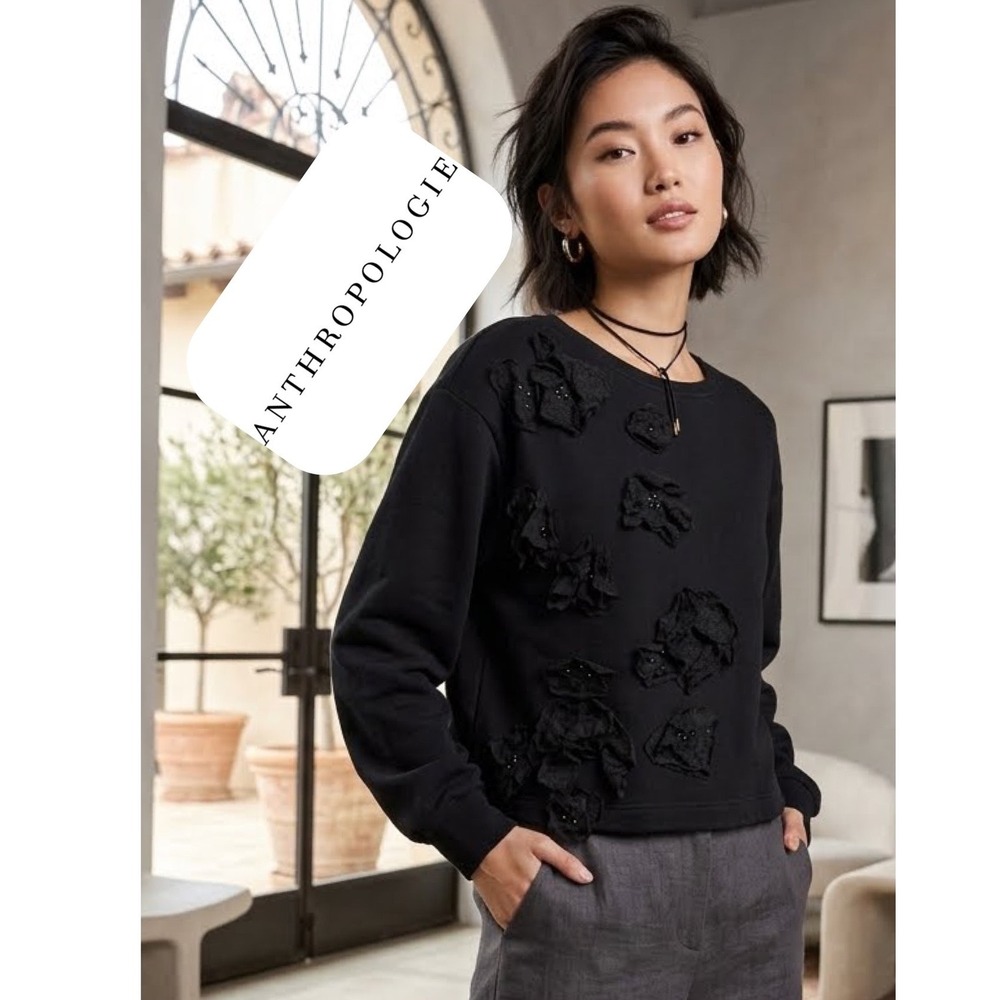 Anthropologie 3D Floral Applique Beaded Sweatshirt Black Cotton OB1873752 Size S